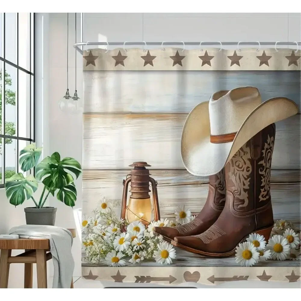 Cowboy Boots shower curtain & Bath Mat Set with Hooks - 4 Piece Collection weste